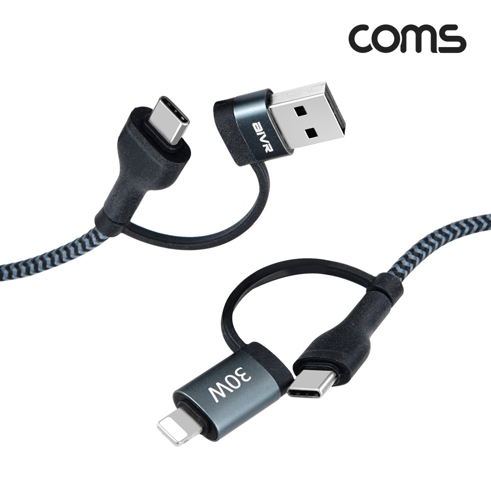 Coms 스마트폰 멀티 케이블(4 in 1), USB 꼬리물기 케이블, PD C to C(Type C) 60W, C to 8핀(8Pin) 30W, 고속충전, 데이터 전송