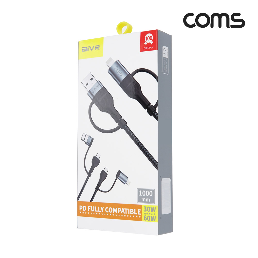 Coms 스마트폰 멀티 케이블(4 in 1), USB 꼬리물기 케이블, PD C to C(Type C) 60W, C to 8핀(8Pin) 30W, 고속충전, 데이터 전송