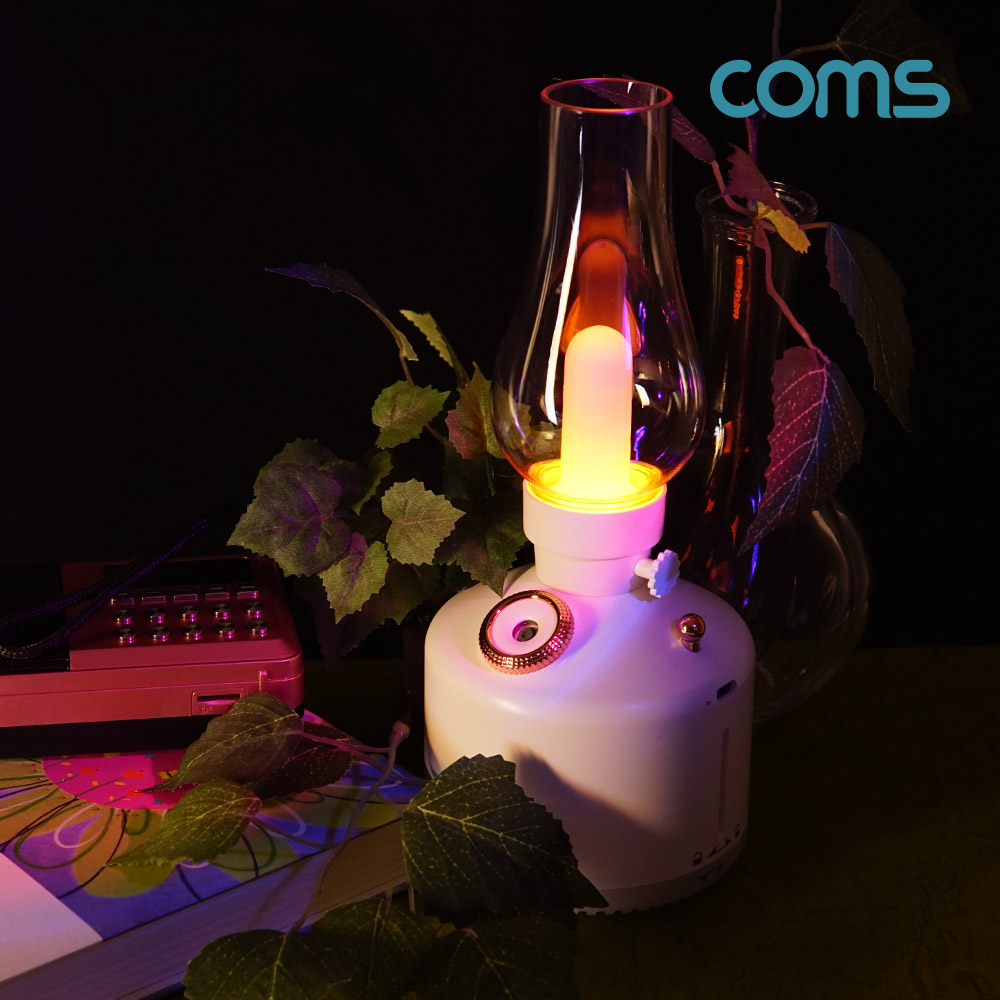 Coms 빈티지 LED 호롱불 가습기 280ml, 캠핑용 불명 램프 랜턴 무드등, 감성 인테리어 레트로, 충전 배터리, 2단계 저소음 초음파 가습기