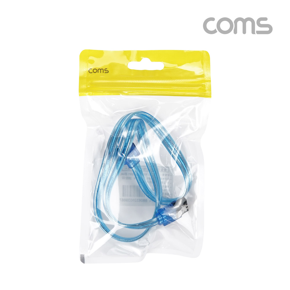 Coms SATA 하드(HDD) 케이블 (SATA3) - Blue / 6.0Gbps, 꺾임형 ㄱ자, 클립, 플렛 투명 / 50cm