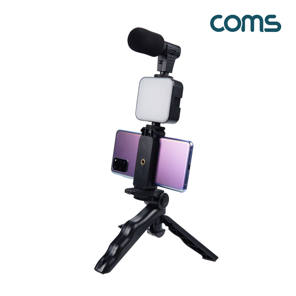 Coms 스마트폰 짐벌 비디오 촬영 장비 키트, 삼각대 세트, 손잡이 핸들, 셀카봉 셀프캠, 1인 미디어 방송, 49 LED, 소형 마이크