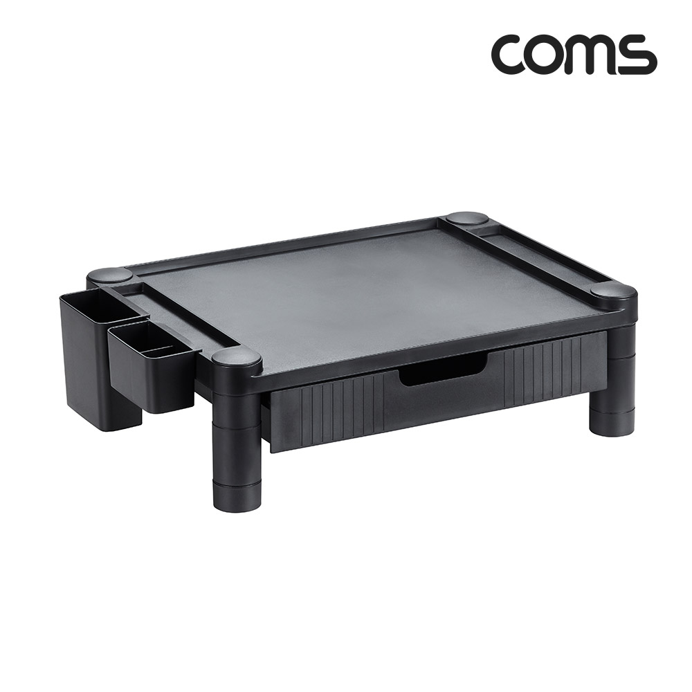 Coms 서랍형 모니터 받침대, 높이조절 스탠드, HIPS 재질 플라스틱, 조립형, 올인원, 사이드 슬롯 보관, 1단 서랍