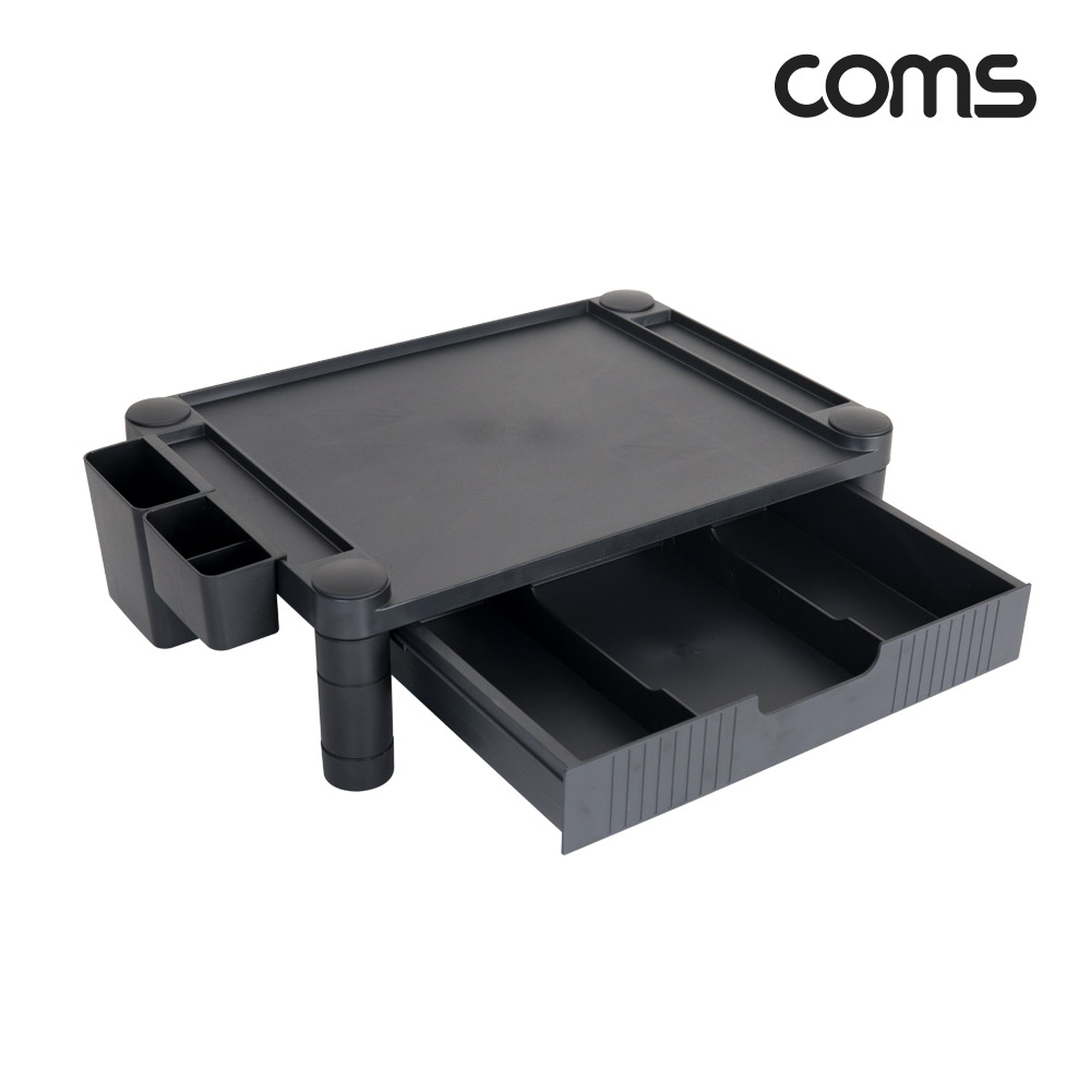 Coms 서랍형 모니터 받침대, 높이조절 스탠드, HIPS 재질 플라스틱, 조립형, 올인원, 사이드 슬롯 보관, 1단 서랍