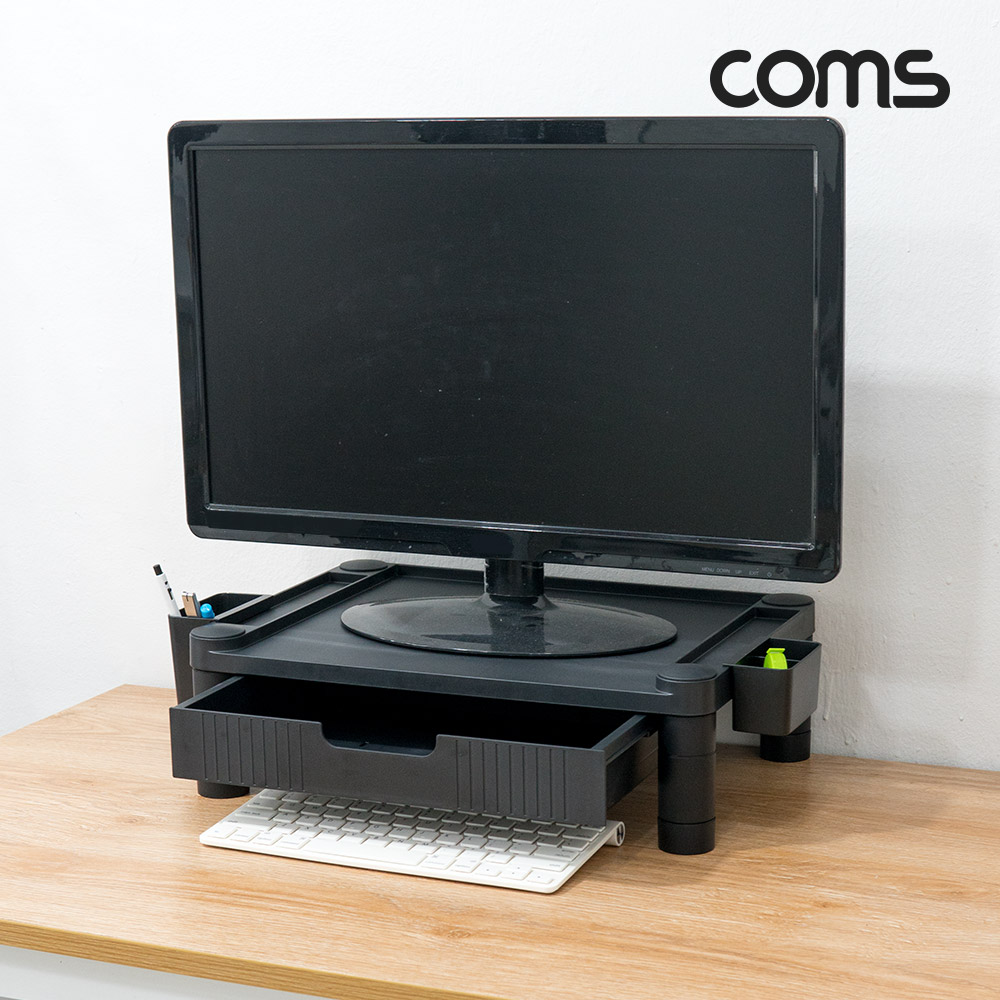 Coms 서랍형 모니터 받침대, 높이조절 스탠드, HIPS 재질 플라스틱, 조립형, 올인원, 사이드 슬롯 보관, 1단 서랍