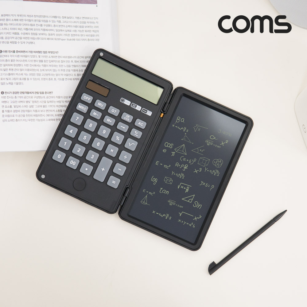 Coms 2 in 1 전자 계산기 메모패드 메모보드 전자노트 탁상용 사무용 가정용 휴대용 버튼식 12자리