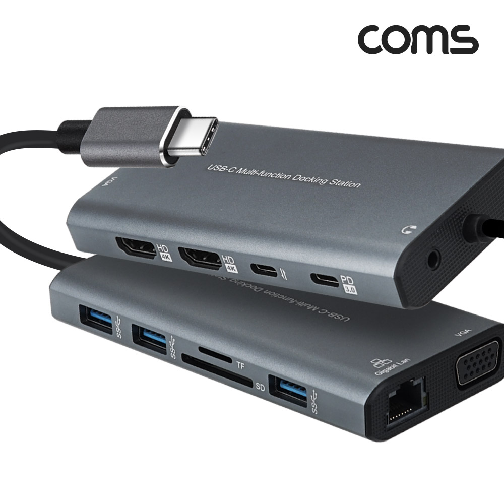 Coms USB 3.1 Type C 멀티 도킹 스테이션 컨버터 허브 12 in 1, HDMI/Type C(PD)/SD/TF(Micro SD)/RJ45/USB 3.0/Audio, 기가비트 랜(Gigabit LAN), 4K@30Hz, VGA 모니터 미러링