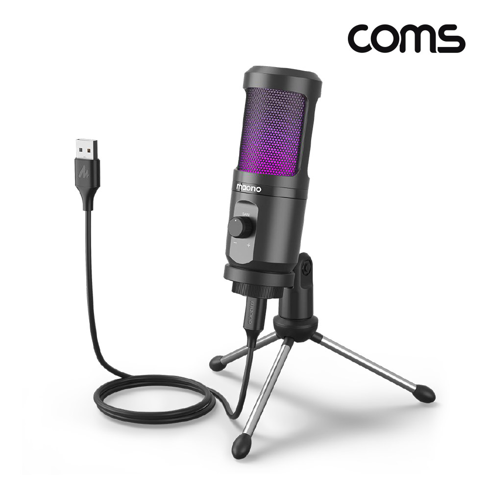 Coms RGB LED 콘덴서 마이크, 미니 스탠딩, USB 유선, USB 3.1, Type C, C타입, 탁상용, 가벼운 마이크, 192KHz 24Bit, 음성 녹음, 음소거 터치, 1인 미디어 인터넷방송