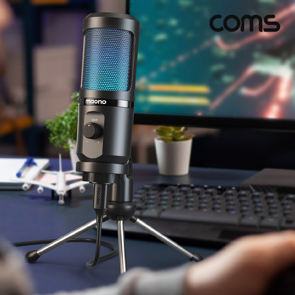 Coms RGB LED 콘덴서 마이크, 미니 스탠딩, USB 유선, USB 3.1, Type C, C타입, 탁상용, 가벼운 마이크, 192KHz 24Bit, 음성 녹음, 음소거 터치, 1인 미디어 인터넷방송