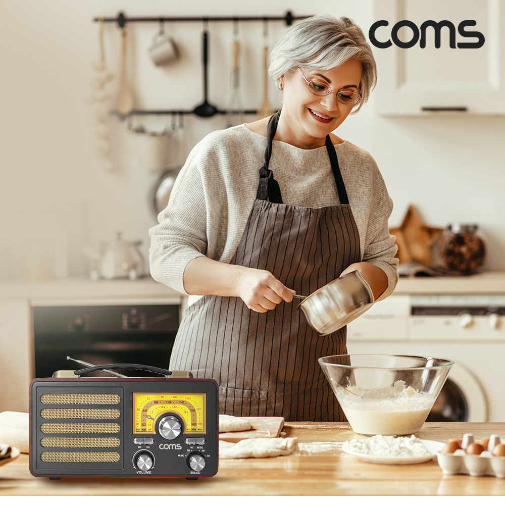 Coms 주방용 레트로 라디오 스피커 Black 휴대용 블루투스 스피커 감성 인테리어 레트로 디자인