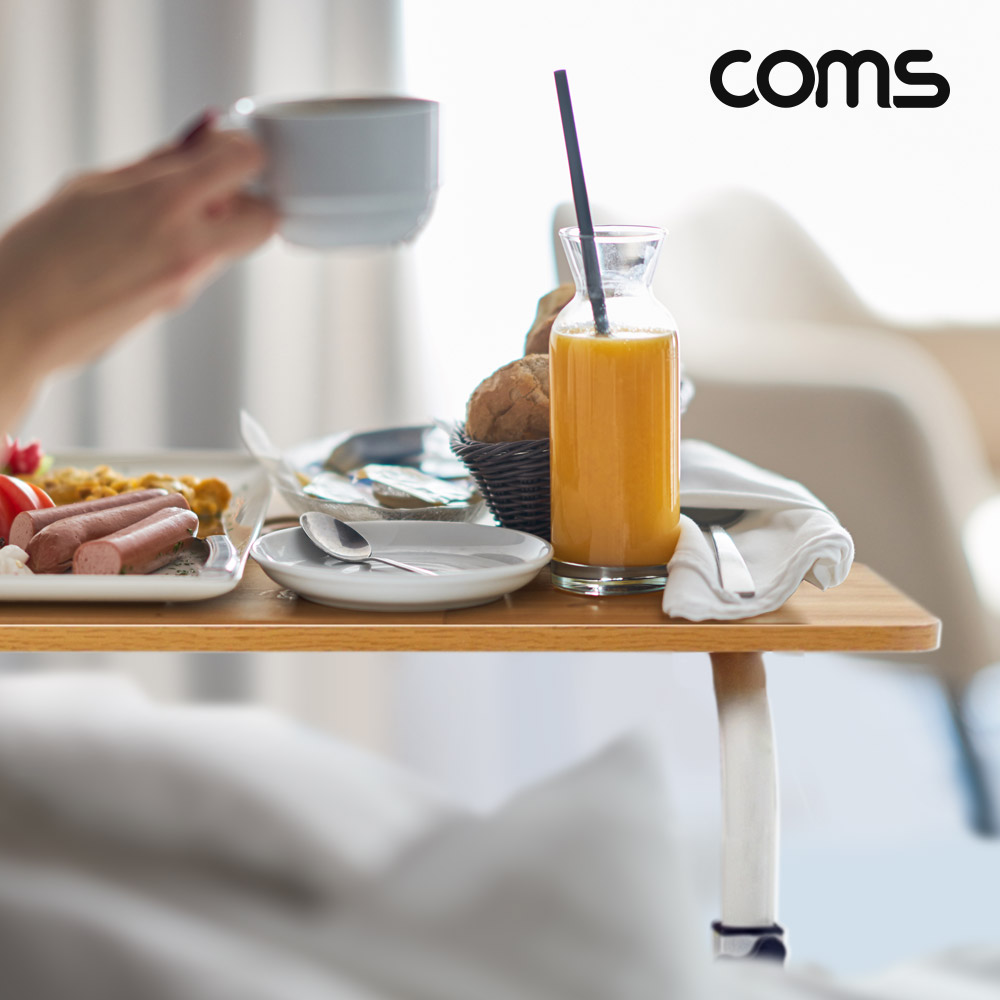 Coms 소파 이동 책상 이동식 간이 테이블 사이드 책상 스탠드 1인가구 침대 소파 독서대 베드트레이 높이 조절 스틸 우드 Brown, 60 x 34 cm