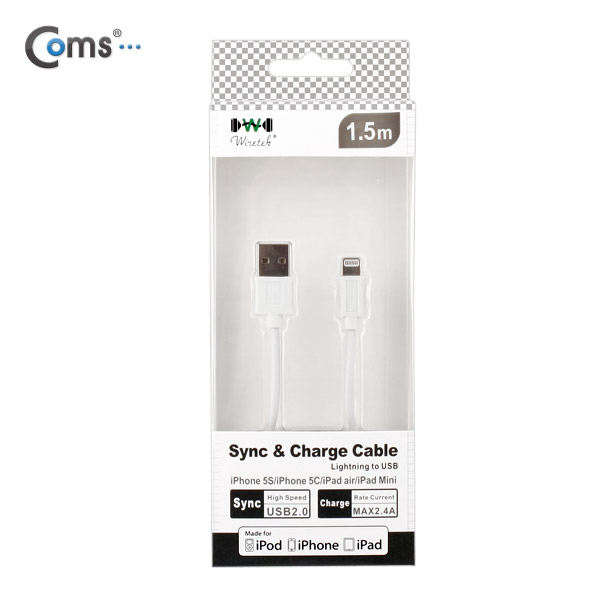Coms MFi 공식인증 아이폰 5 케이블 1.5M(데이터/충전), White