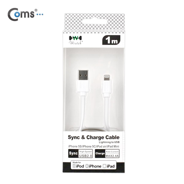 Coms MFi 공식인증 아이폰 5 케이블(Flat), 1M(데이터/충전), White