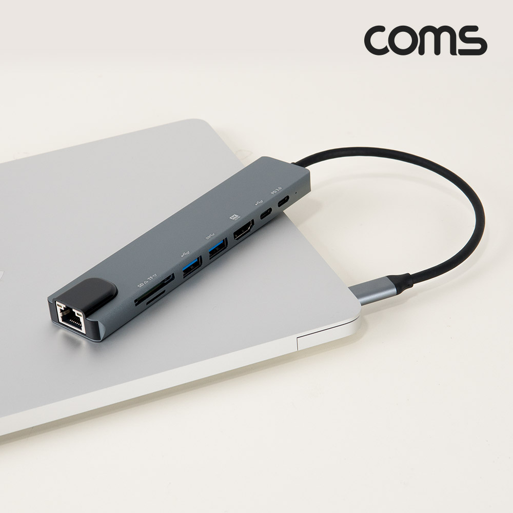 Coms USB C타입 멀티 허브 도킹스테이션 컨버터 8 IN 1 HDMI USB 3.1(Type C) PD USB 3.0 RJ45 이더넷 랜 LAN Micro SD TF 카드리더기 4K@30Hz