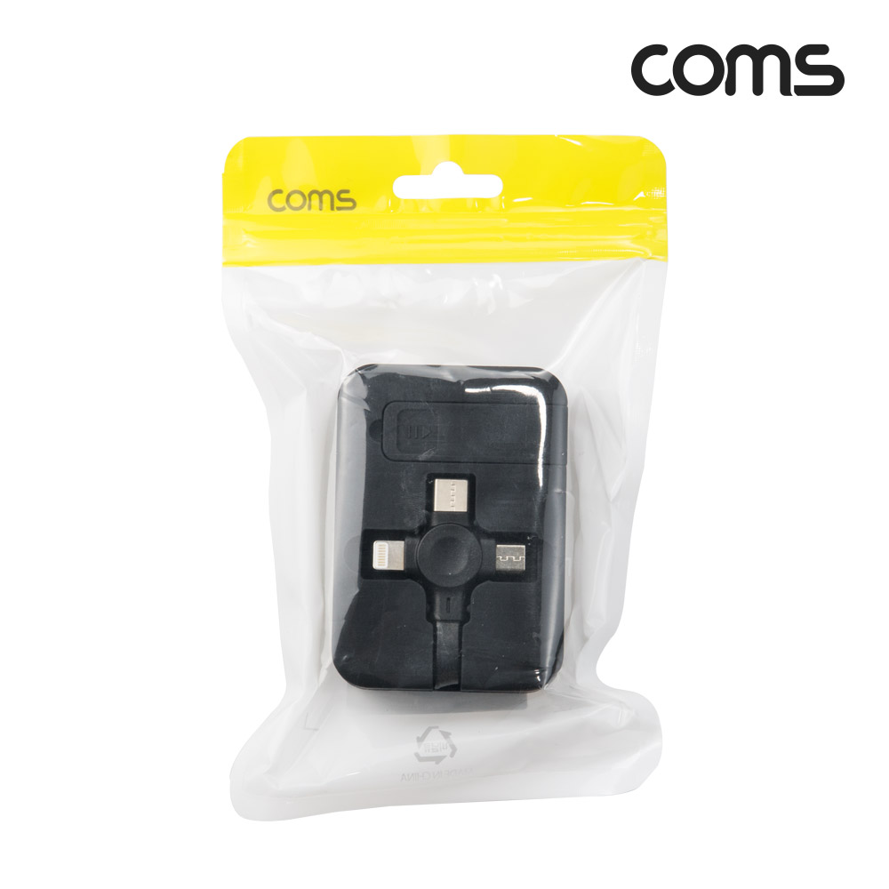 Coms 3 in 1 스마트폰 멀티 케이블 충전전용 자동감김 릴타입 플랫 사각 박스형 슬라이드 거치대 휴대용 Type C Micro5P 8P