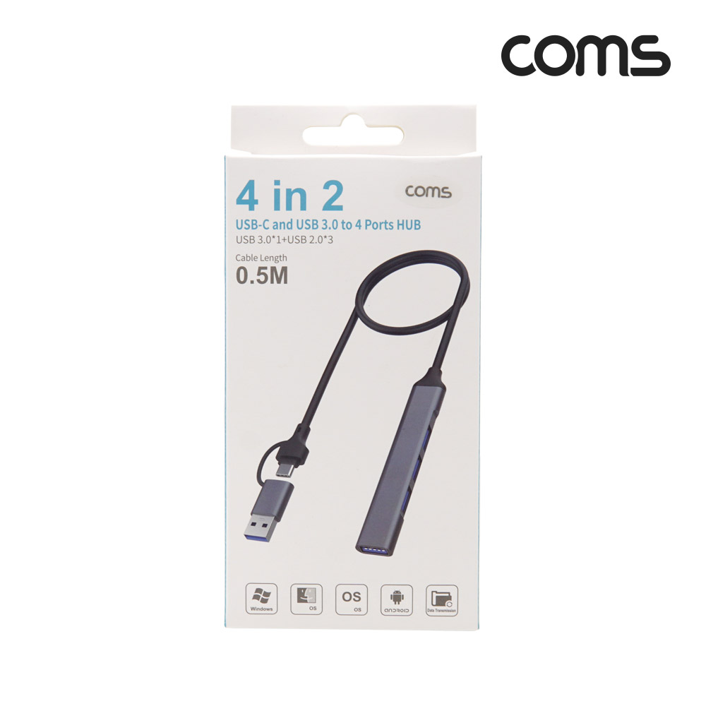 Coms 4 IN 2 꼬리물기 허브 4포트 Type C USB 4Port USB 2.0 3Port + USB 3.0 1Port
