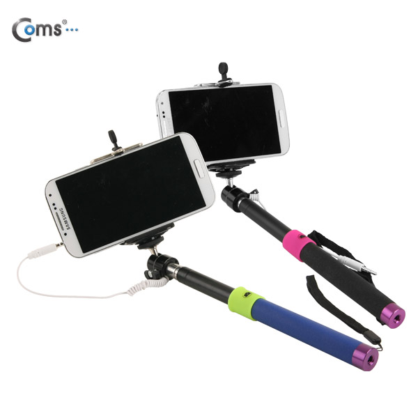 Coms 모노포드 셀카봉, Red (일체형 유선 리모컨 내장, 거치대 포함)