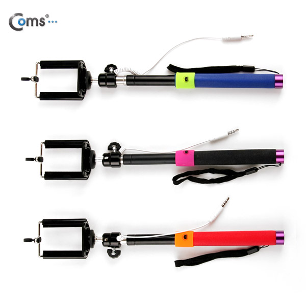 Coms 모노포드 셀카봉, Red (일체형 유선 리모컨 내장, 거치대 포함)