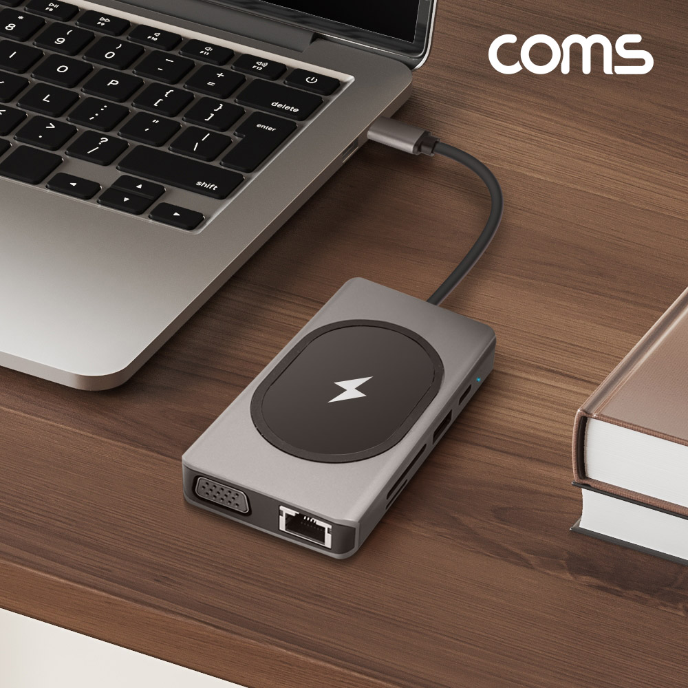 Coms 무선충전 올인원 멀티 컨버터 USB-C Type C PD HDMI VGA 동시출력 도킹스테이션 SD TF 카드리더 C타입 1Gbps Gigabit 기가비트 RJ45