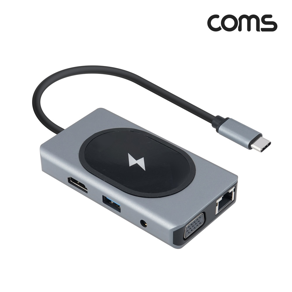 Coms 무선충전 올인원 멀티 컨버터 USB-C Type C PD HDMI VGA 동시출력 도킹스테이션 SD TF 카드리더 C타입 1Gbps Gigabit 기가비트 RJ45
