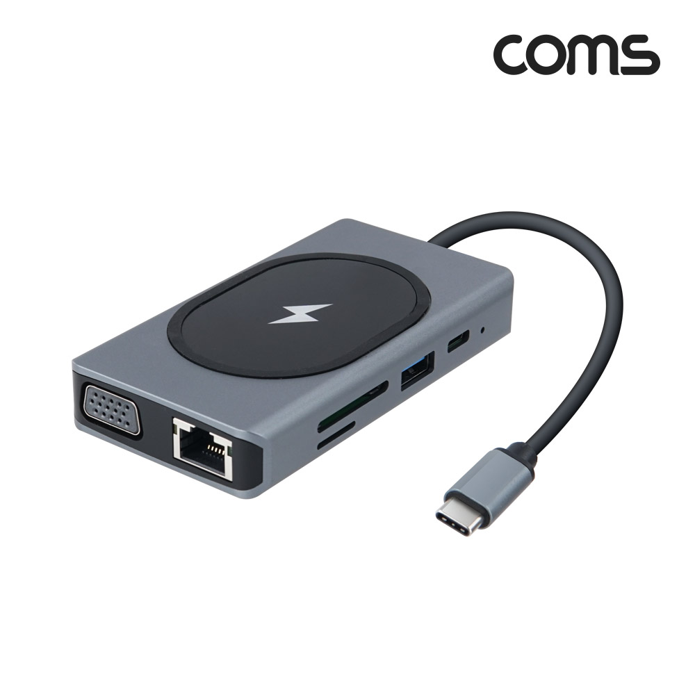 Coms 무선충전 올인원 멀티 컨버터 USB-C Type C PD HDMI VGA 동시출력 도킹스테이션 SD TF 카드리더 C타입 1Gbps Gigabit 기가비트 RJ45