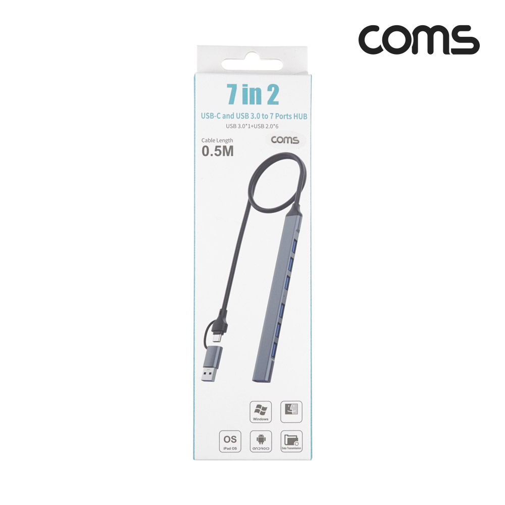 Coms 7 IN 2 USB 허브 7포트 꼬리물기 Type C USB 7Port 2.0 6Port + 3.0 1Port