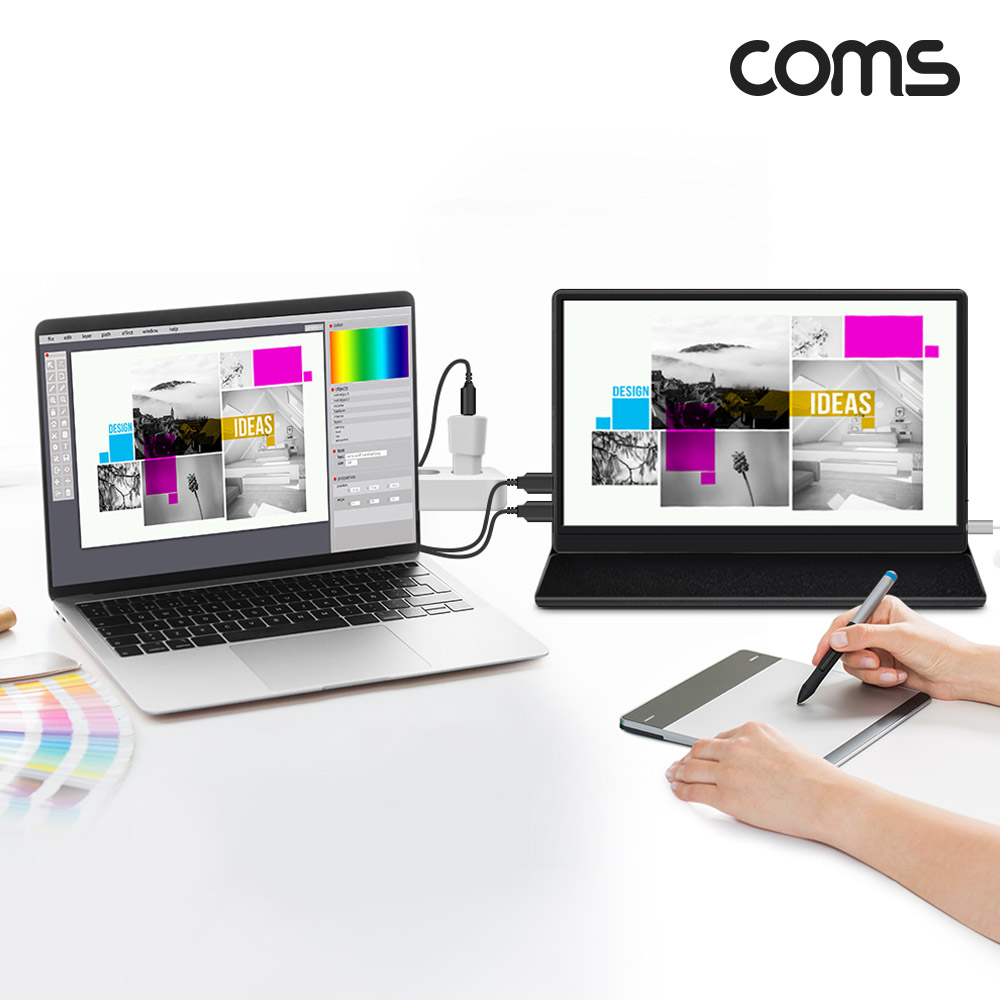 Coms 15.6형 C타입 포터블 모니터 C타입x3 휴대용 서브 덱스지원 키보드마우스연결 헤드레스트 거치