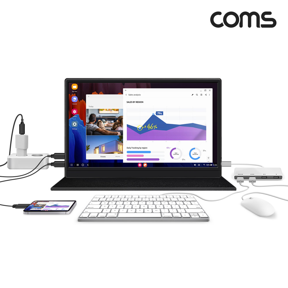 Coms 15.6형 C타입 포터블 모니터 C타입x3 휴대용 서브 덱스지원 키보드마우스연결 헤드레스트 거치