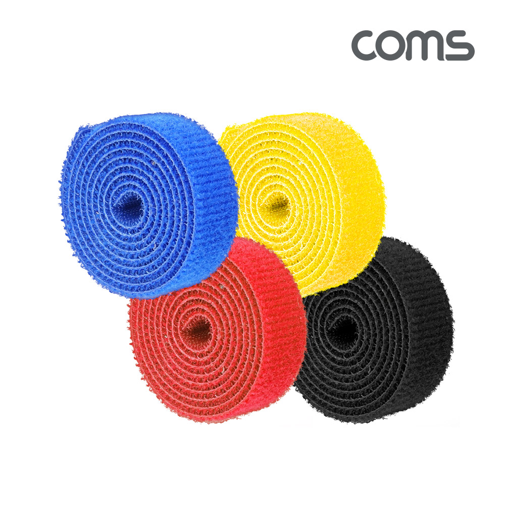 Coms 벨크로 케이블타이 4색 검정 노랑 파랑 빨강 4개입
