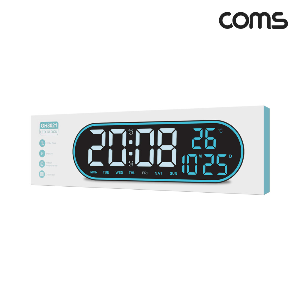 Coms 디지털 LED 벽시계 벽걸이 온도 날짜 요일표시 카운트다운 스톱워치 듀얼알람 밝기조절 리모컨포함