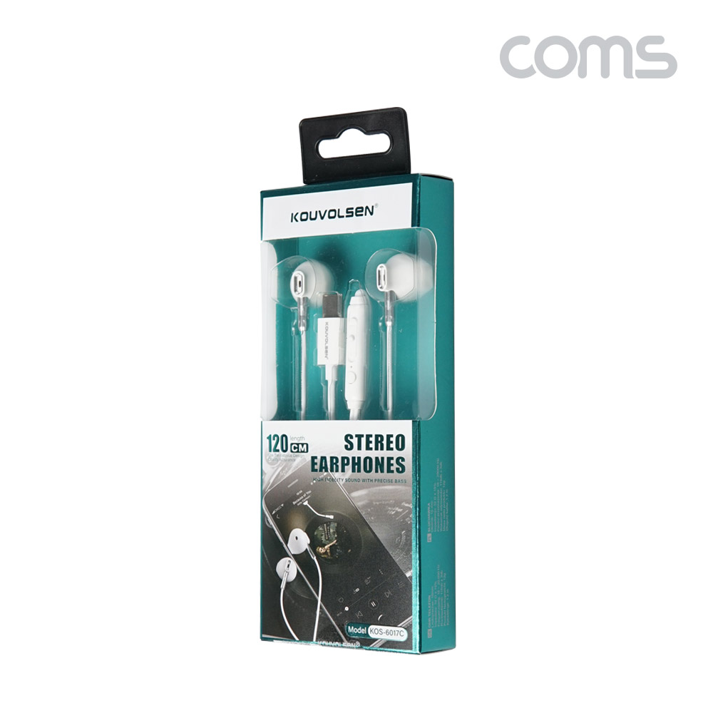 Coms C타입 스테레오 이어폰 젠더 1.2m Type-C 컨트롤 리모콘 마이크 White 국내폰