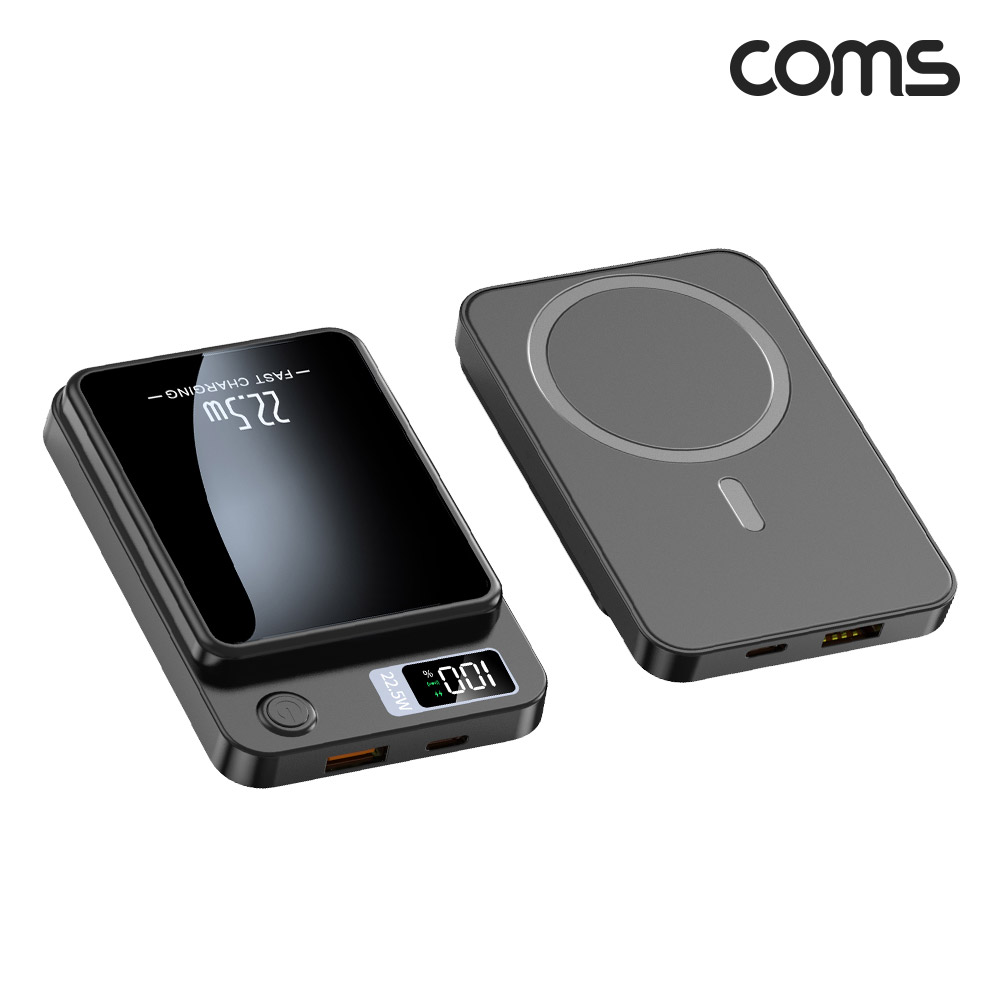 Coms 맥세이프 보조배터리 Black 10000mAh 대용량 유선 무선 초고속충전 메탈링