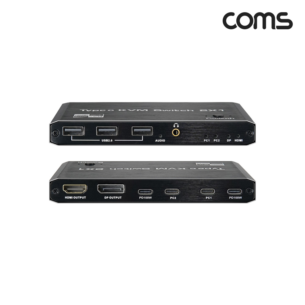 Coms C타입 KVM 2포트 스위치 선택기 HDMI DP PC 2대 제어 4K 60Hz