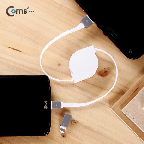 Coms 스마트폰 2in1 멀티 자동감김 케이블 White (Micro 5Pin/5핀, 8Pin/8핀)