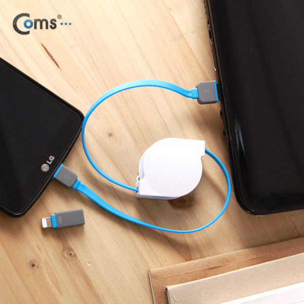 Coms 스마트폰 2in1 멀티 자동감김 케이블 Blue (Micro 5Pin/5핀, 8Pin/8핀)