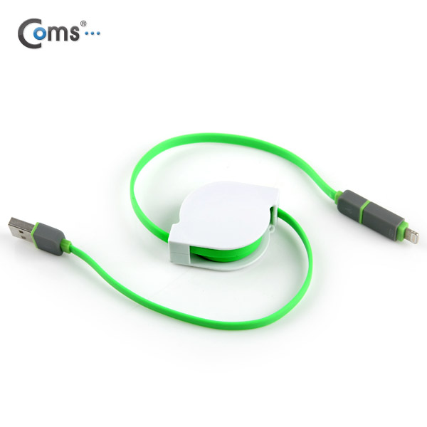 Coms 스마트폰 2in1 멀티자동감김케이블(Micro 5Pin (5핀)/8Pin)Green/충전