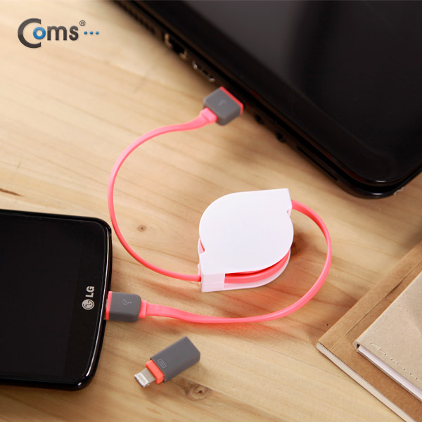 Coms 스마트폰 2in1 멀티자동감김케이블(Micro 5Pin (5핀)/8Pin)Pink/충전