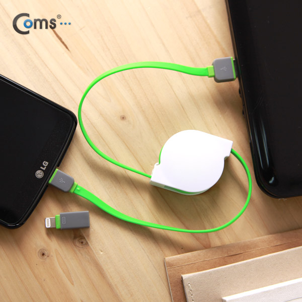 Coms 스마트폰 2in1 멀티자동감김케이블(Micro 5Pin (5핀)/8Pin)Green/충전
