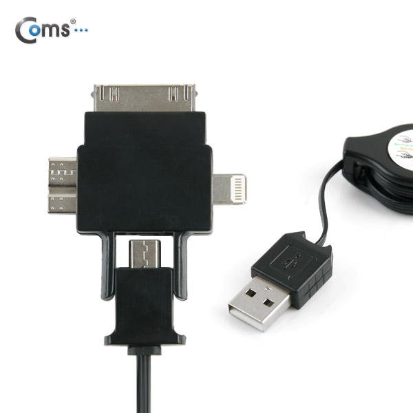 Coms 스마트폰 멀티 케이블(4 in 1/자동감김), Black/충전