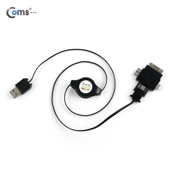 Coms 스마트폰 멀티 케이블(4 in 1/자동감김), Black/충전