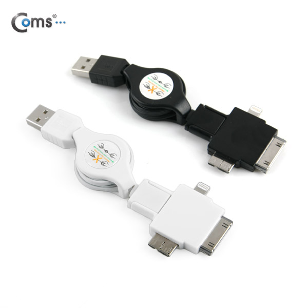 Coms 스마트폰 멀티 케이블(4 in 1/자동감김), White/충전