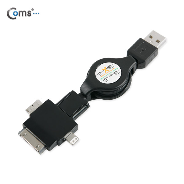 Coms 스마트폰 멀티 케이블(4 in 1/자동감김), Black/충전