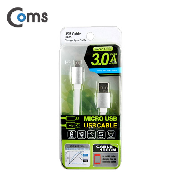 Coms USB/Micro USB(B) 케이블 1M, White, 3A출력