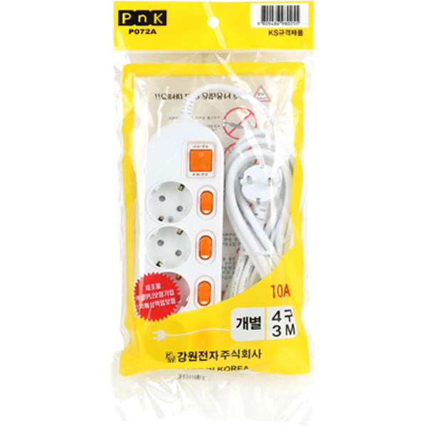 PnK P072A 안전 멀티탭 4구 개별 3m (10A)