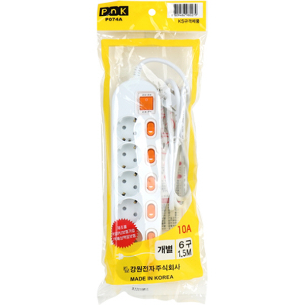 PnK P074A 안전 멀티탭 6구 개별 1.5m (10A)