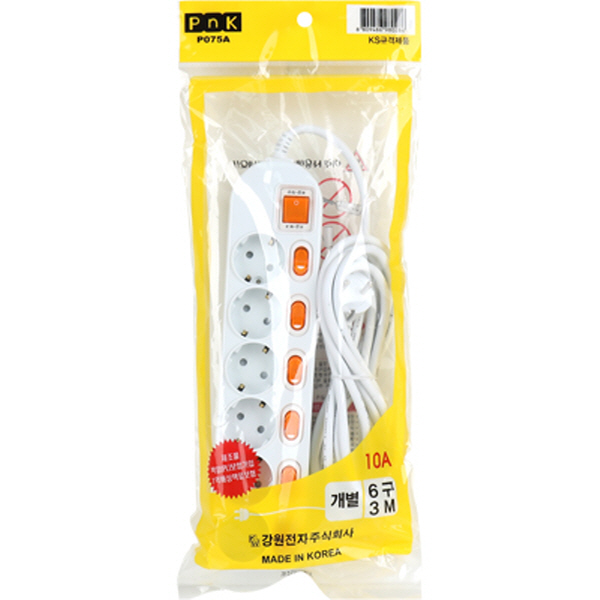 PnK P075A 안전 멀티탭 6구 개별 3m (10A)
