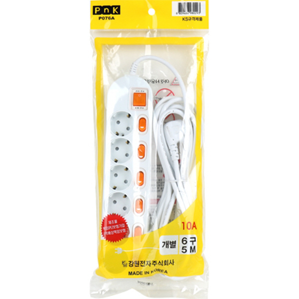PnK P076A 안전 멀티탭 6구 개별 5m (10A)