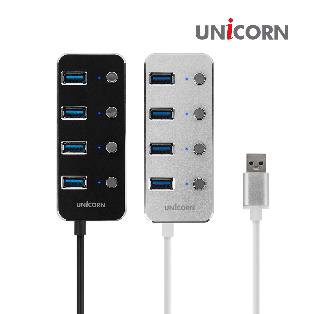 유니콘 TH-4000S 화이트 USB3.0 4포트 USB허브 개별전원스위치 무전원