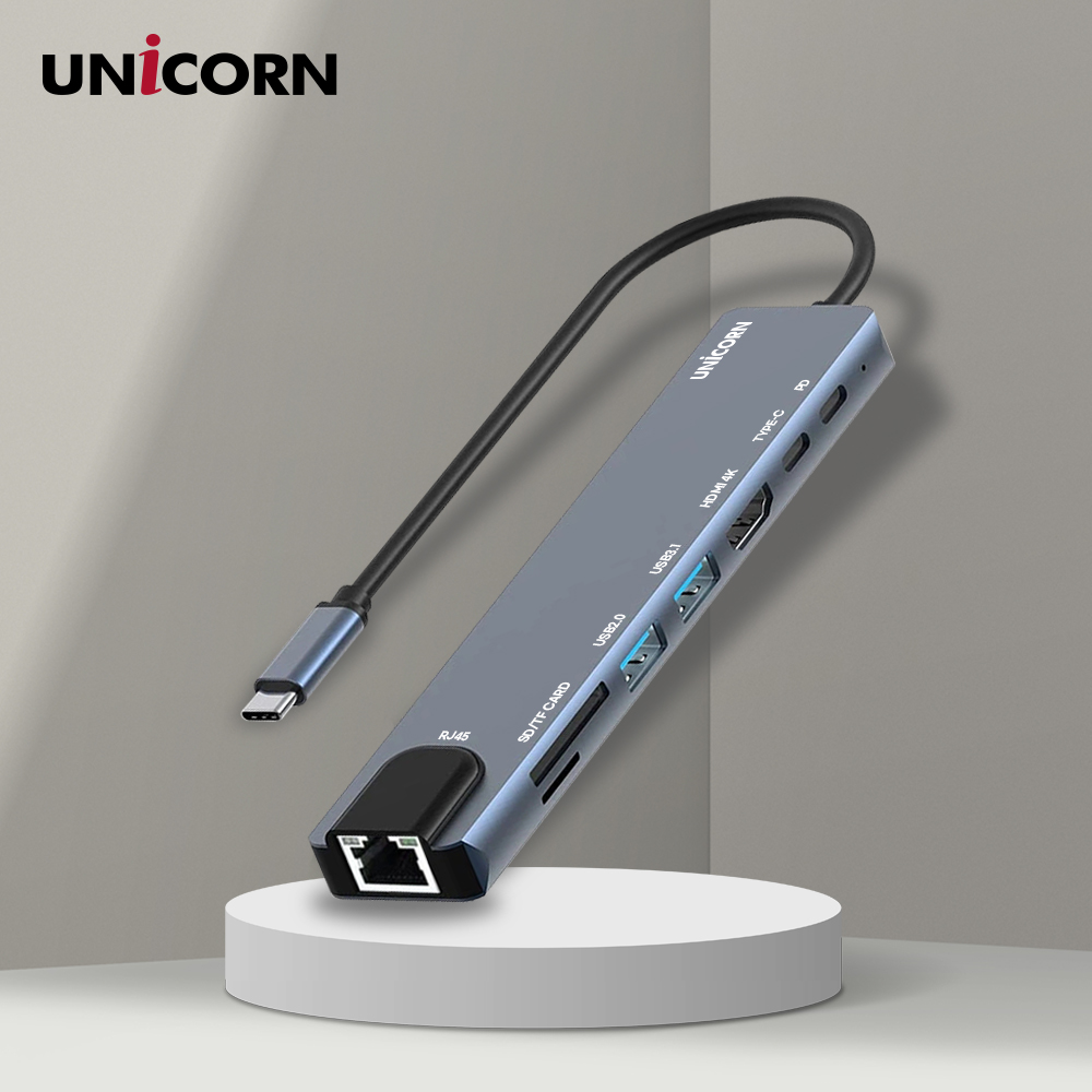 유니콘 8I1 LA포트 HDMI USB멀티허브 USB-C통신포트 PD87W충전 4K미러링 TF SD카드리더 TCH-L60