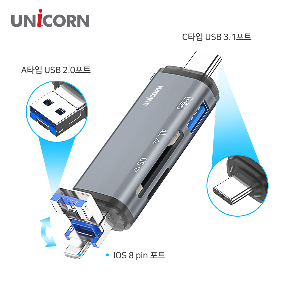 유니콘 OTG멀티카드리더기 A타입/C타입/IOS 8핀 USB3.1포트지원 XC-3000M