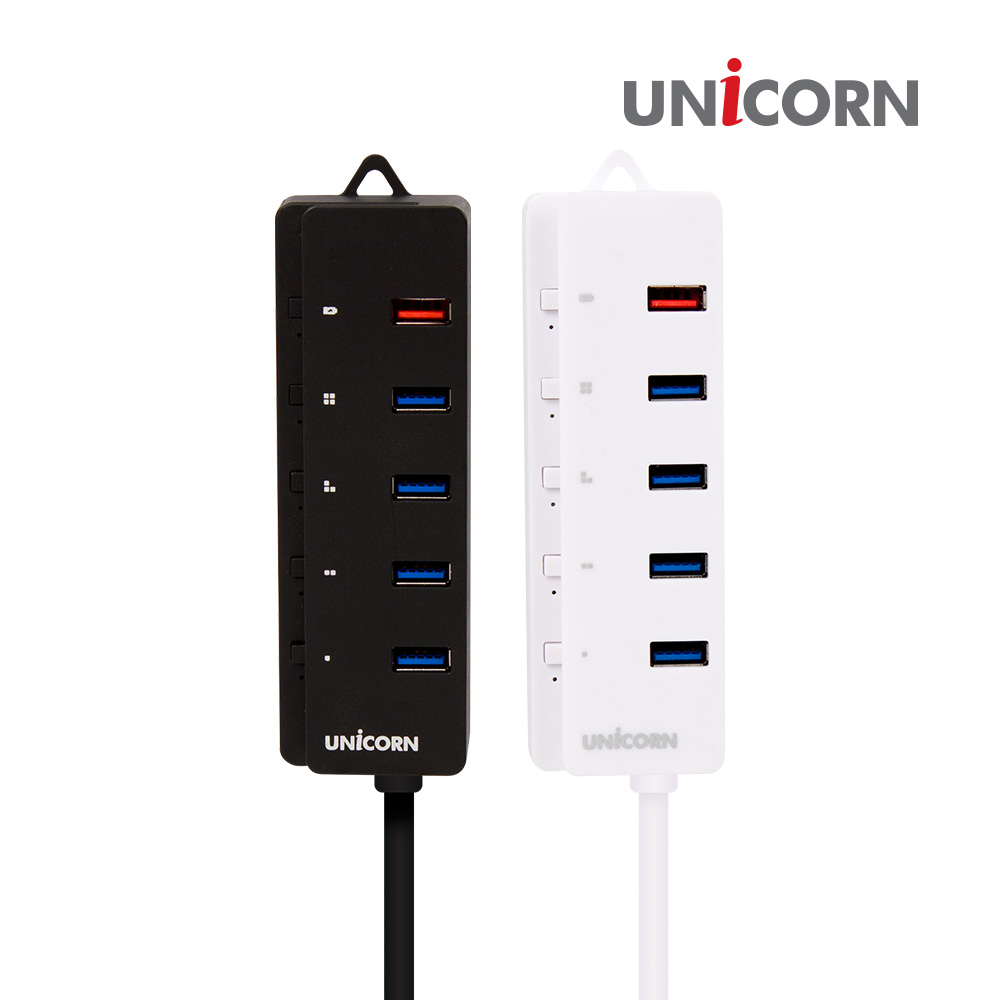 유니콘 RH-5000S 블랙 4포트 USB3.0허브 고속충전 1포트지원 개별전원스위치 5V 아답터포함